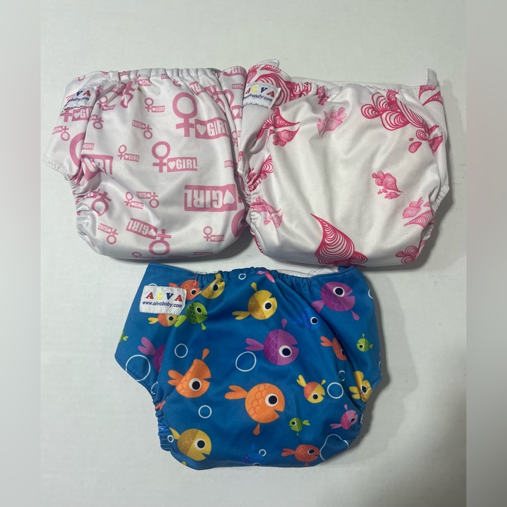 Lot of 3 Alva Baby Cloth Reusable Diapers With Liners Snaps And Adjustable NWOT